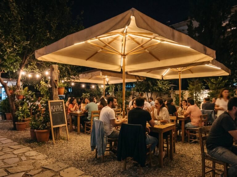 Gece aydınlatmalı şemsiyeler altında kafe bahçesi