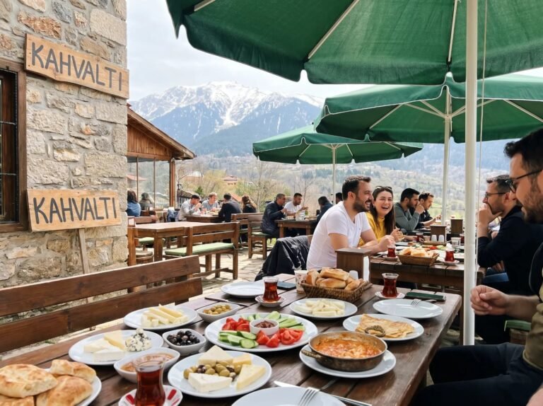 Kahvaltıcı bahçesinde yeşil şemsiyeler