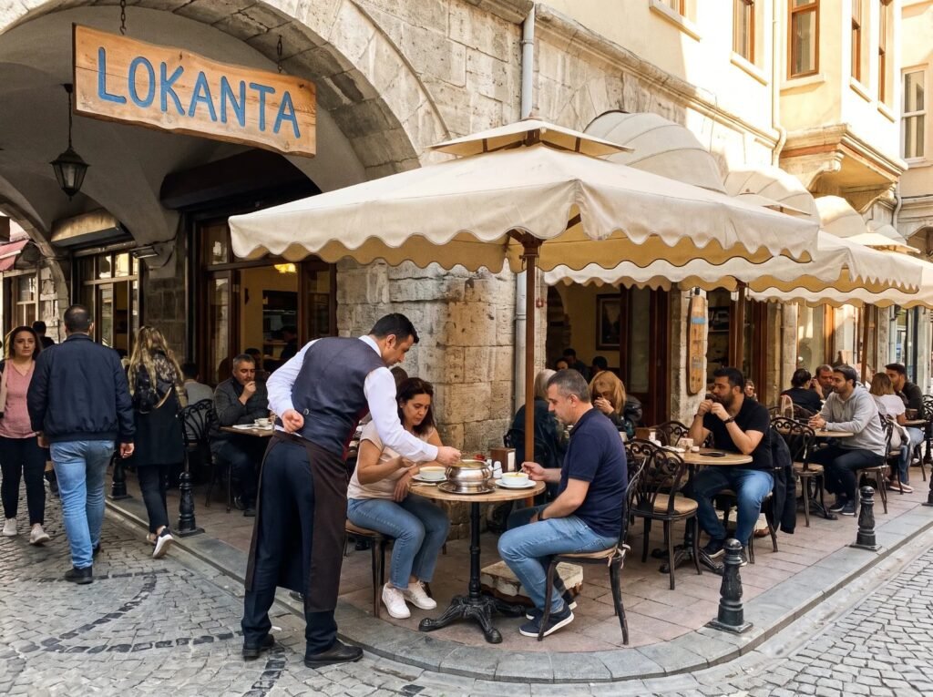 Lokanta önünde yuvarlak şemsiyeler
