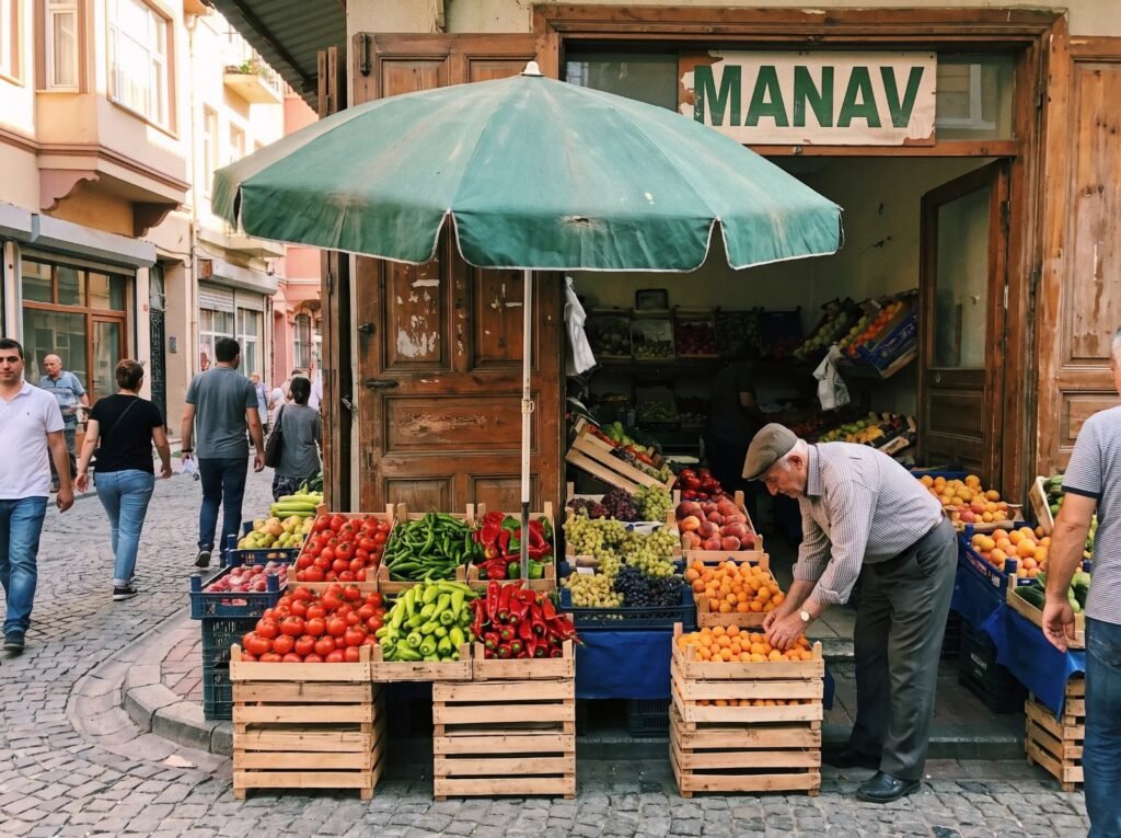 Mağaza önü yarım şemsiye ile manav