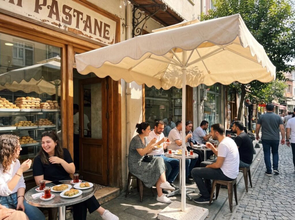 Pastane önünde şemsiye altında masalar
