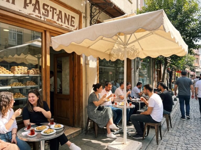 Pastane önünde şemsiye altında masalar
