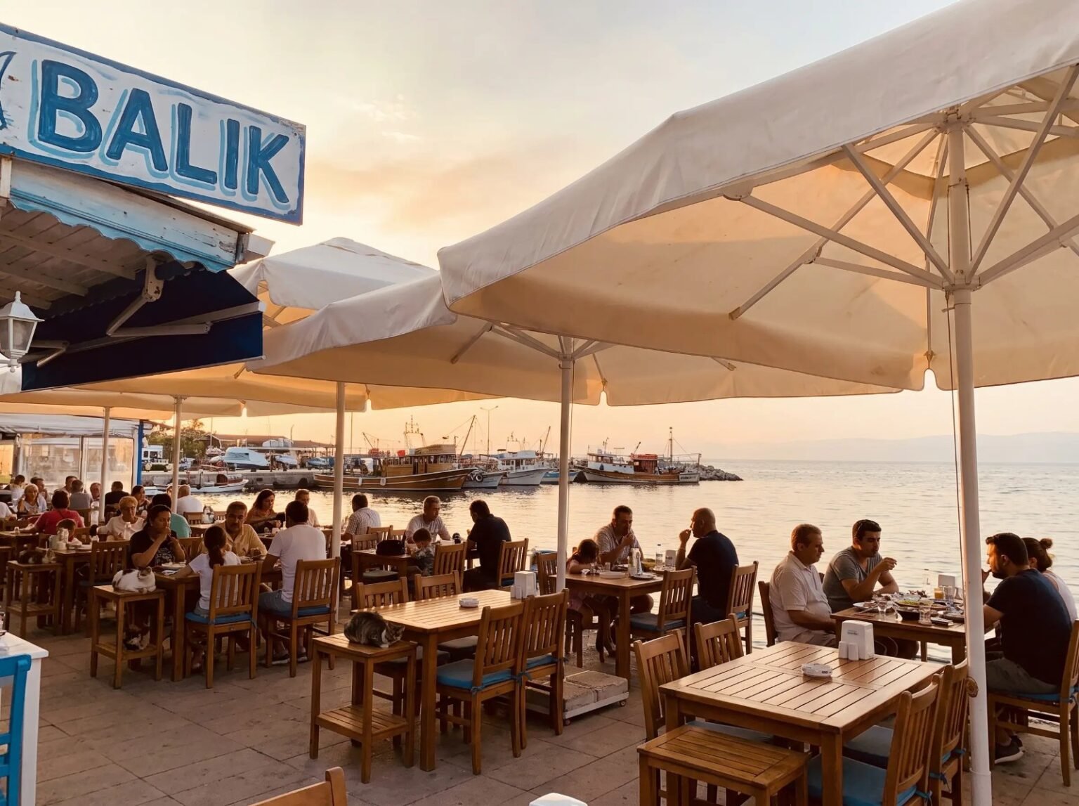 Sahildeki balık restoranında beyaz şemsiyeler