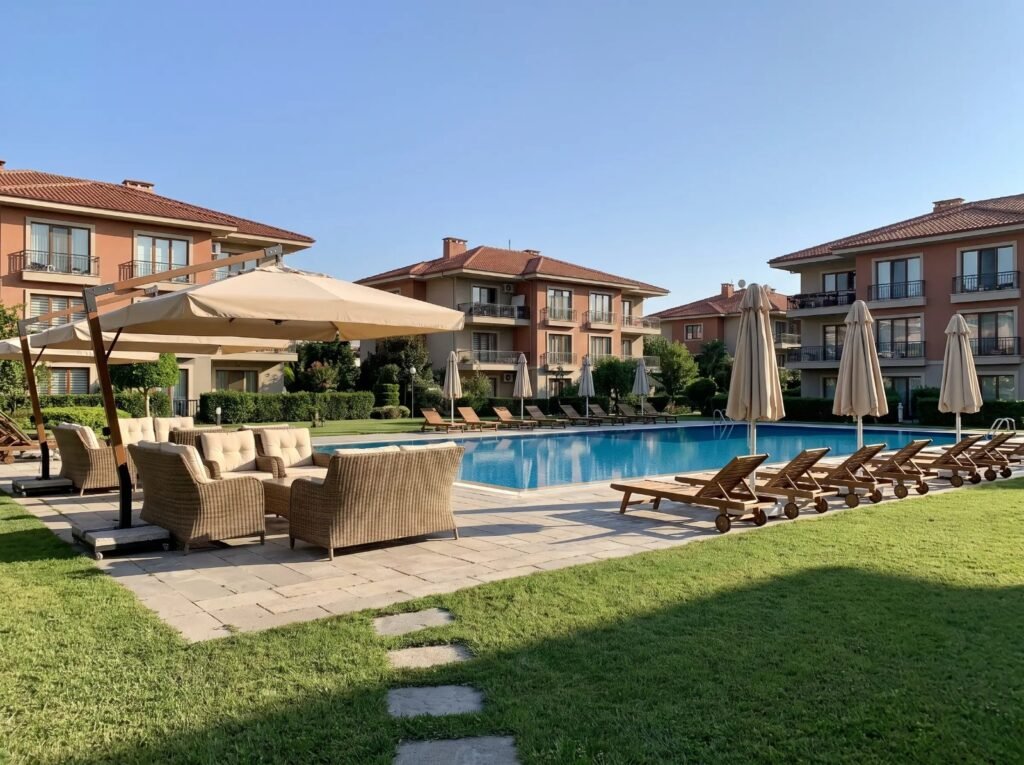 Site bahçesinde havuz başı şemsiyeler
