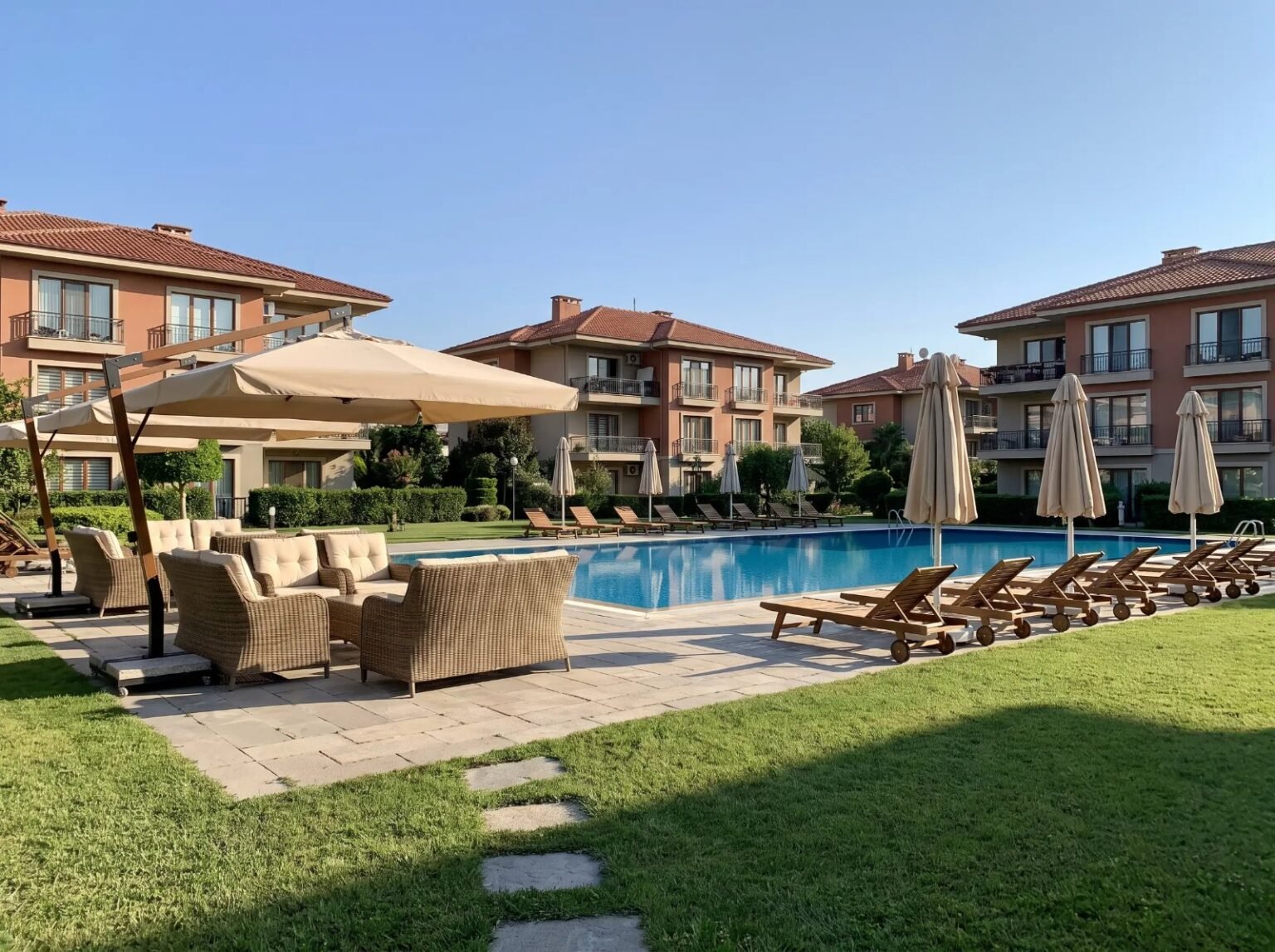 Site bahçesinde havuz başı şemsiyeler