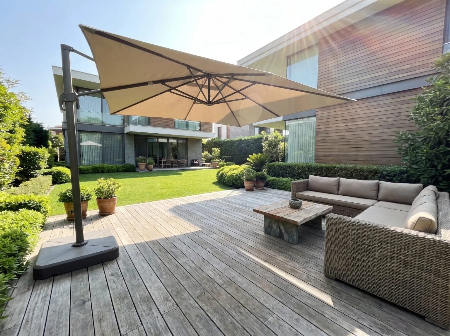 Villa bahçesinde yandan gövdeli şemsiye
